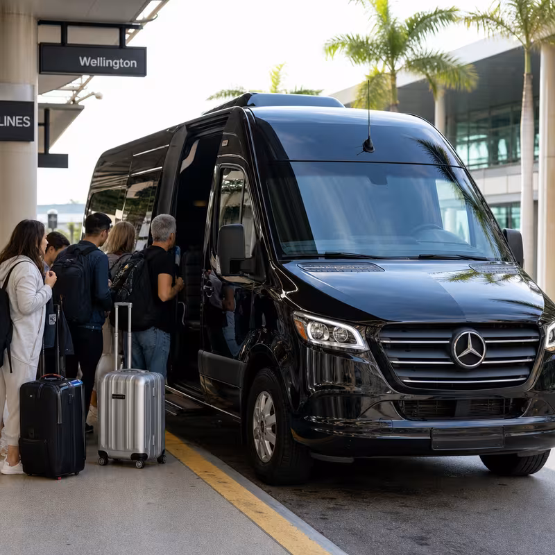 Group boarding a white charter bus for Airport Transportation transportation in Wellington