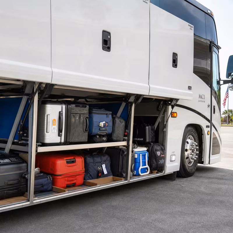 Party bus interior with wraparound leather seating and LED lighting in Wellington