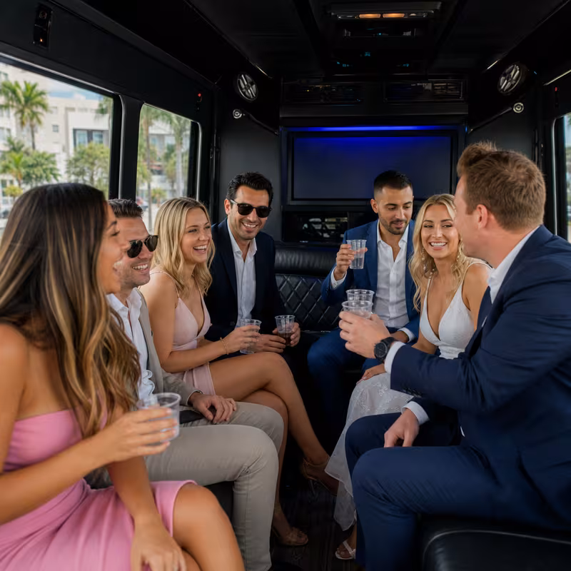 Party bus interior with wraparound leather seating and LED lighting in Wellington
