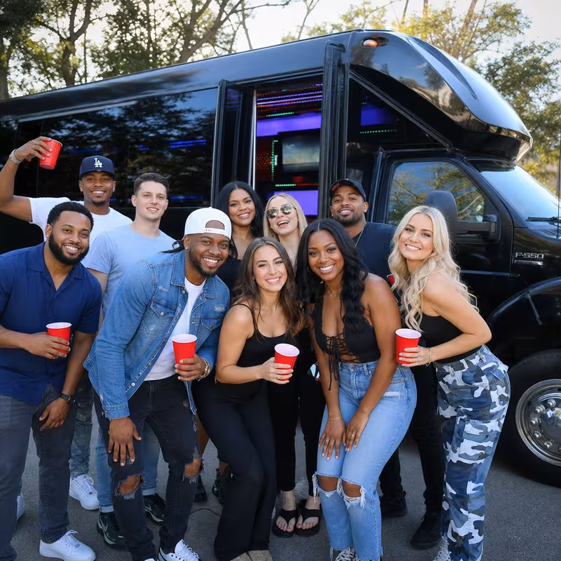 Group boarding a white charter bus for Birthday Transportation transportation in Wellington