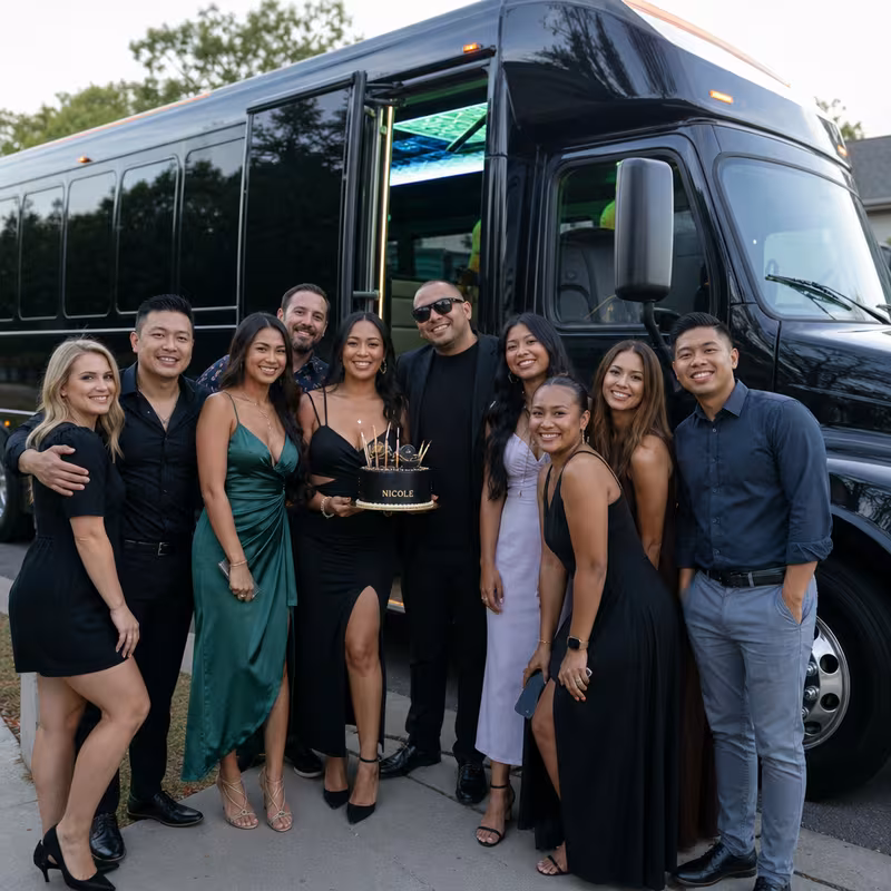 Party bus interior with wraparound leather seating and LED lighting in Wellington