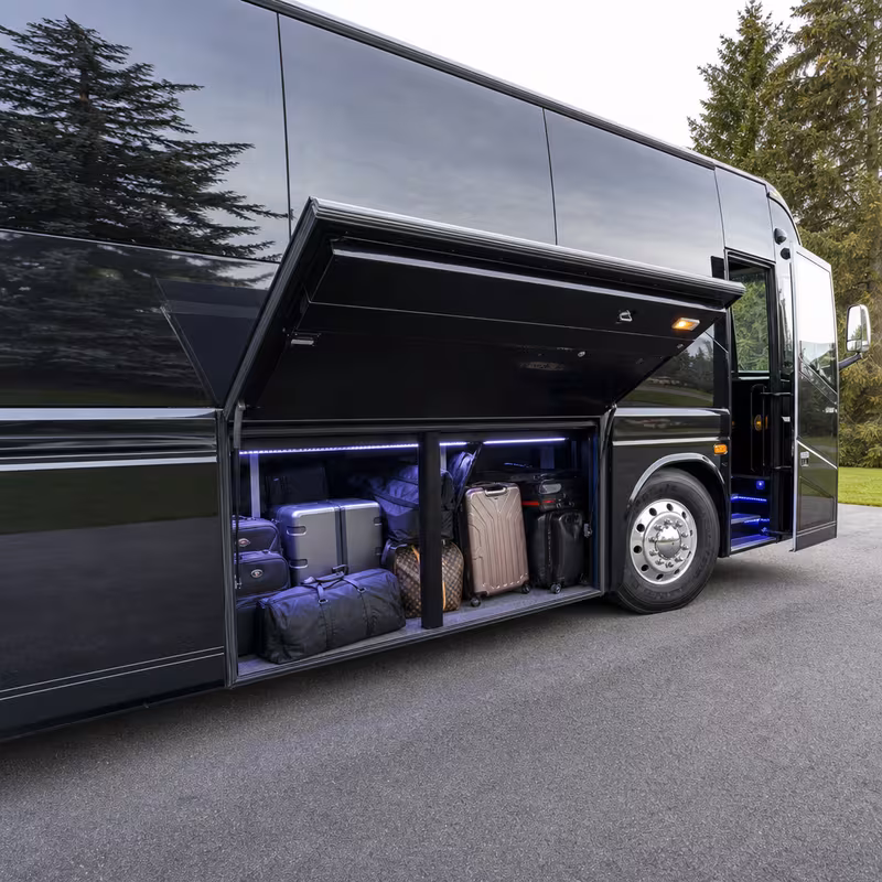Party bus interior with wraparound leather seating and LED lighting in Wellington